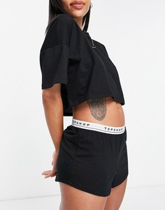 Черный пижамный комплект со свободным топом и шортами с отделкой с названием бренда Topshop-Черный цвет
