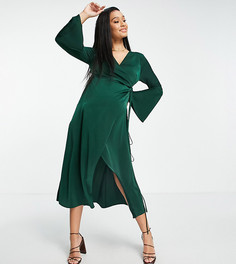 Атласное платье миди с запахом, расклешенными манжетами и завязкой ASOS DESIGN Maternity-Зеленый цвет
