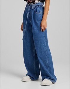 Синие широкие джинсы с завязками Bershka-Голубой