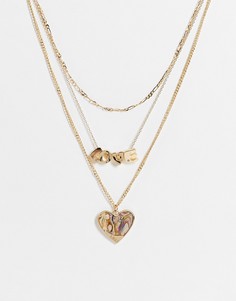 Золотистое многоярусное ожерелье с подвесками с надписью "Love" и в виде сердца из искусственного гелиотропа Glamorous-Золотистый