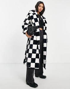 Пальто макси из искусственного меха в шахматную клетку с поясом Annorlunda-Разноцветный