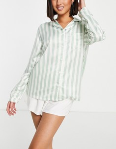 Атласная пижамная рубашка в полоску шалфейно-зеленого и белого цвета (от комплекта) Loungeable-Зеленый цвет