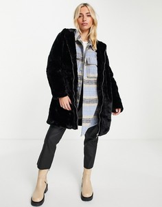 Черная шуба из искусственного меха на молнии с капюшоном New Look-Черный цвет