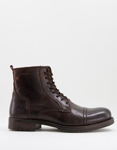 Коричневые кожаные высокие ботинки на шнуровке с подкладкой из искусственного меха Jack & Jones-Коричневый цвет