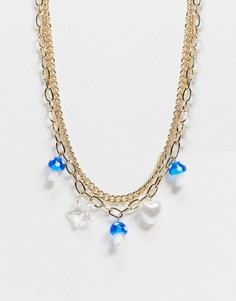 Золотистое ожерелье в несколько рядов с синими подвесками в виде грибов Topshop-Золотистый
