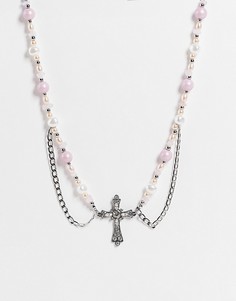 Серебристое ожерелье с искусственным жемчугом, крестиком и цепочками ASOS DESIGN-Серебряный