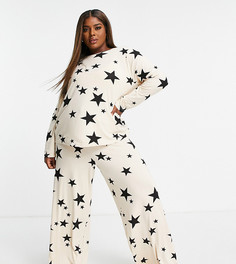 Пижамный комплект из топа с длинными рукавами и широких брюк из вискозы с принтом звезд бежевого и черного цветов в мешочке ASOS DESIGN Curve-Разноцветный