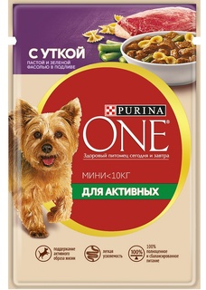 Влажный корм Purina ONE Mini для собак мелких пород, с уткой, пастой и зеленой фасолью в подливе, 85гр