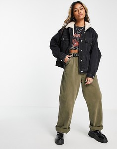 Выбеленное черное пальто в стиле oversized с искусственным мехом Topshop-Черный цвет