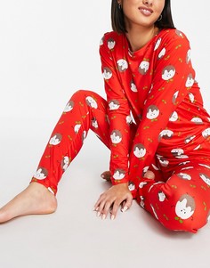 Новогодний пижамный комплект красного цвета с леггинсами и принтом пудингов Loungeable-Красный