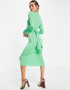 Зеленое облегающее платье миди из трикотажа с запахом River Island-Зеленый цвет