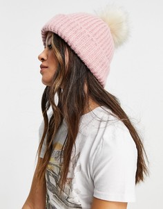 Пыльно-розовая вязаная шапка с меховым помпоном Topshop-Розовый цвет