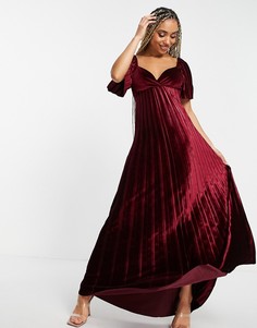 Бархатное платье макси темно-бордового цвета с высокой талией, складками и перекрещенной отделкой на спине ASOS DESIGN-Красный