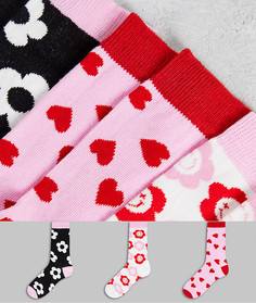 Набор из 3 пар носков с жаккардовым рисунком цветов и сердечек Skinnydip-Разноцветный
