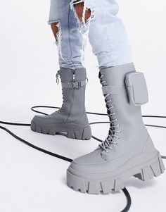 Серые высокие ботинки из искусственной кожи на массивной подошве со шнуровкой и карманами ASOS DESIGN-Серый
