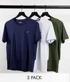 Набор из 3 футболок темно-синего, зеленого, голубого цветов с маленьким логотипом Hollister-Разноцветный