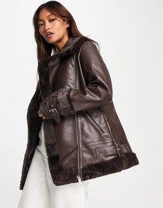 Куртка-авиатор шоколадного цвета с искусственным мехом River Island-Черный цвет
