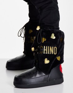 Черные зимние сапоги с искусственным мехом и золотистыми сердечками Love Moschino-Черный цвет