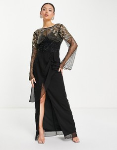 Черное платье макси с длинными рукавами, юбкой с запахом и декоративной отделкой Virgos Lounge Raina-Черный цвет