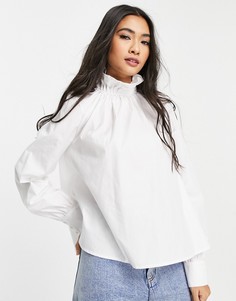 Белая блузка из органического хлопка с высоким воротником с оборками Aligne-Белый