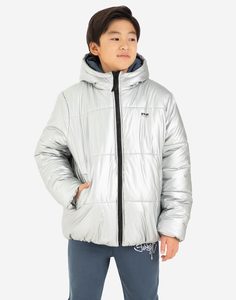 Серебристая утеплённая куртка oversize с надписью Streetwear для мальчика Gloria Jeans