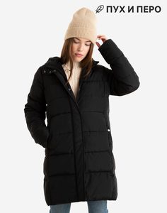 Чёрная удлинённая куртка oversize с пером и пухом Gloria Jeans