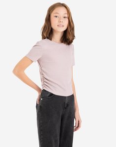 Розовая блестящая футболка с присборенностями для девочки Gloria Jeans