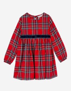 Красное клетчатое платье с бархатным поясом для девочки Gloria Jeans
