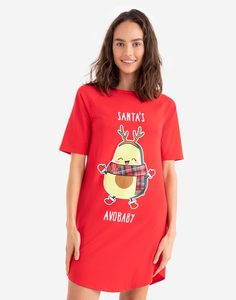 Красная ночная сорочка с новогодним принтом и надписью Santas avobaby Gloria Jeans