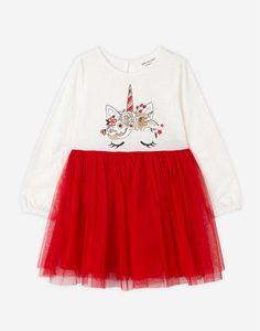 Нарядное платье с новогодним принтом и пышной юбкой для девочки Gloria Jeans