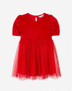 Красное велюровое платье с сетчатой юбкой для девочки Gloria Jeans