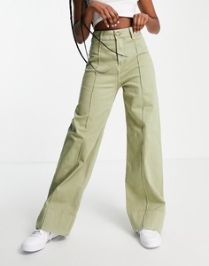 Широкие джинсы цвета хаки с акцентными швами спереди Stradivarius-Зеленый цвет