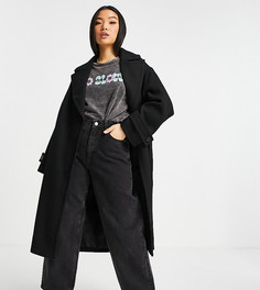 Черное длинное пальто макси в стиле oversized из твила ASOS DESIGN Petite-Черный цвет