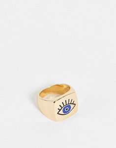 Золотистое массивное кольцо с «третьим глазом» синего цвета DesignB London-Золотистый