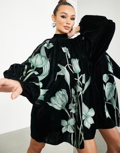 Черное платье мини А-силуэта из бархата с большой цветочной вышивкой ASOS EDITION-Черный цвет
