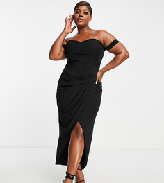 Эксклюзивное платье миди с открытыми плечами и драпировкой черного цвета с эффектом металлик Jaded Rose Plus-Черный цвет