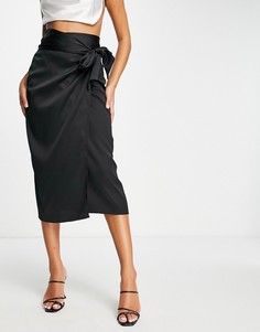 Мягкая атласная юбка миди с запахом черного цвета Style Cheat-Черный цвет