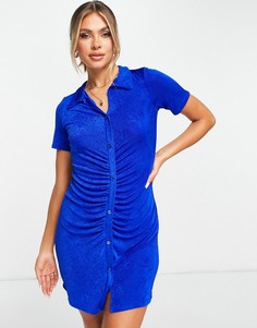 Облегающее присборенное платье синего цвета с воротником и пуговицами спереди I Saw It First-Голубой