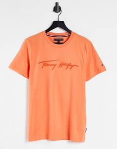 Оранжевая однотонная футболка с логотипом в виде подписи Tommy Hilfiger-Оранжевый цвет