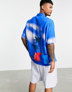 Рубашка свободного кроя с принтом облаков Bershka-Голубой