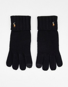 Шерстяные перчатки со вставками для работы с сенсорным экраном и логотипом с лошадью Polo Ralph Lauren-Черный цвет