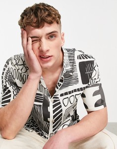 Бежевая рубашка в стиле oversized с линейным принтом Bershka-Светло-бежевый цвет