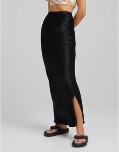 Атласная черная юбка миди Bershka-Черный цвет