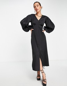 Черное платье миди с завышенной линией талии и объемными рукавами Closet London-Черный цвет