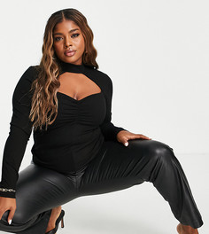 Черный топ в рубчик с вырезом и перекрученной отделкой спереди ASOS DESIGN Curve-Черный цвет