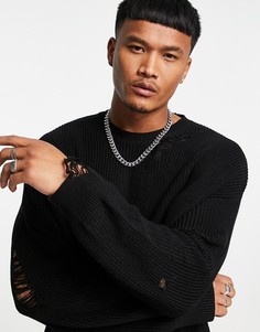 Черный вязаный джемпер с рваной отделкой Bershka-Черный цвет