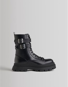 Черные ботинки на толстой подошве со шнуровкой и пряжками Bershka-Черный цвет