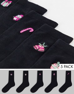 Набор из 5 пар черных новогодних носков с изображением подарков Brave Soul-Черный цвет