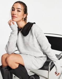 Серое вязаное платье мини с воротником из искусственной кожи River Island-Серый