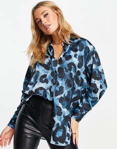Голубая атласная рубашка со звериным принтом Topshop-Голубой